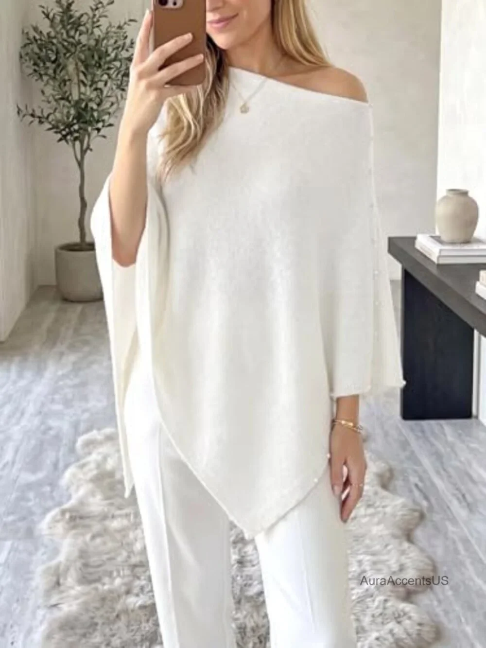 Womens Knitted Poncho Shawl Pearl Trim Lightweight Cape